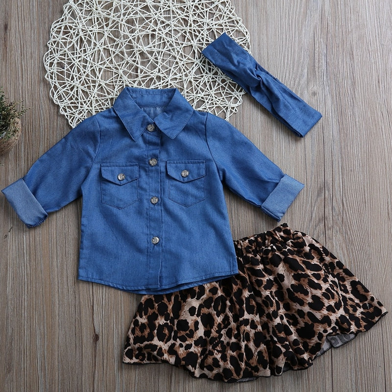 New Style Baby Girls Clothes Sets Denim Shirt And Leopard Print Skirt Kids Clothes For Girls Spring - ebowsos