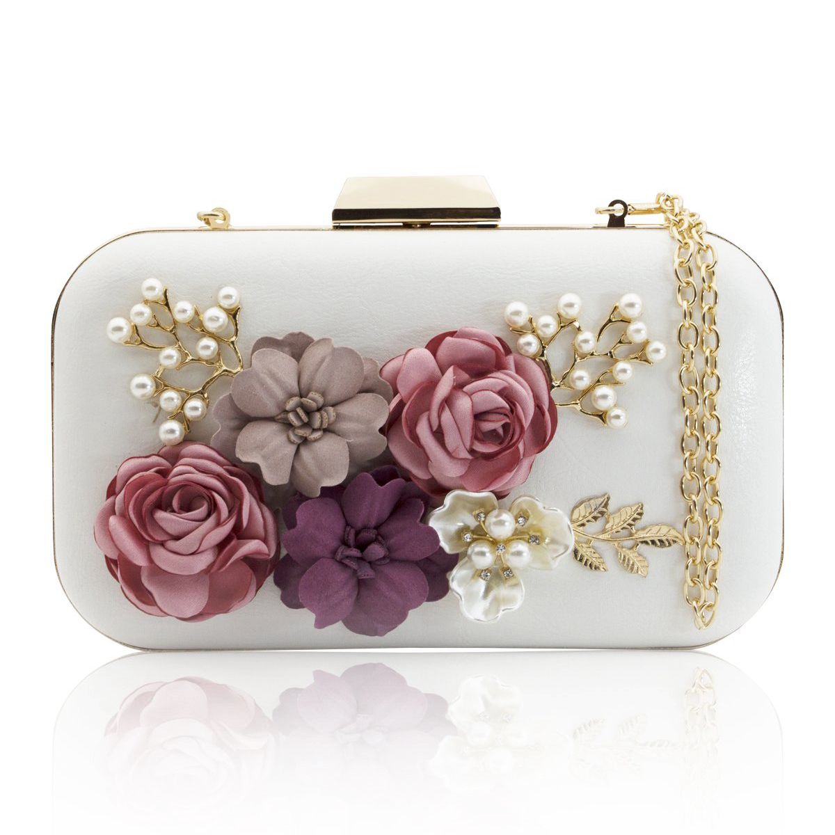 New Women Clutches Purses Bags Flower Leather Envelope Pearl Wallet Evening Handbag(white) - ebowsos