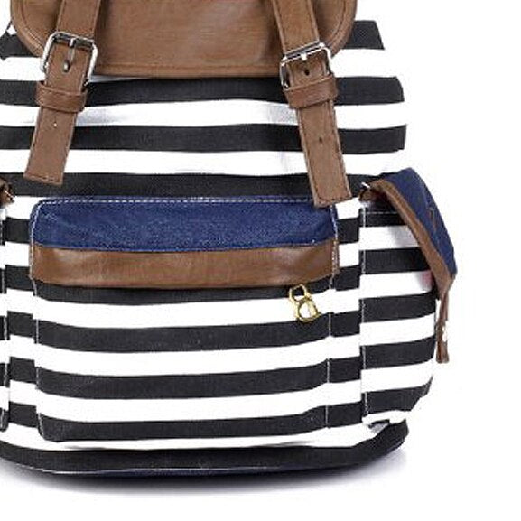 New Women Girls Striped Canvas Backpack Book Bag Travel Rucksack School Bag Shoulder Bag Satchels - ebowsos