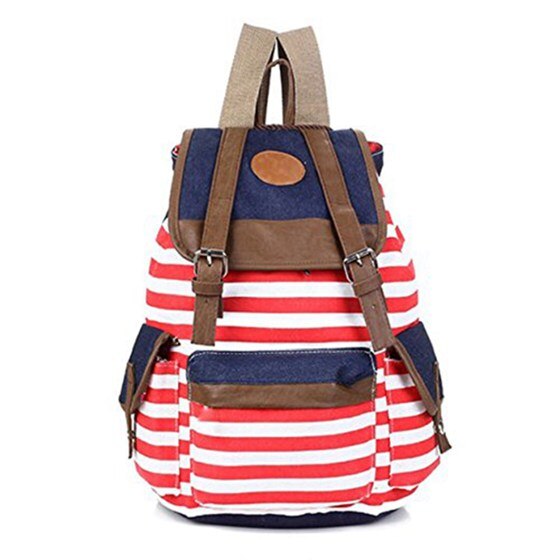 New Women Girls Striped Canvas Backpack Book Bag Travel Rucksack School Bag Shoulder Bag Satchels - ebowsos