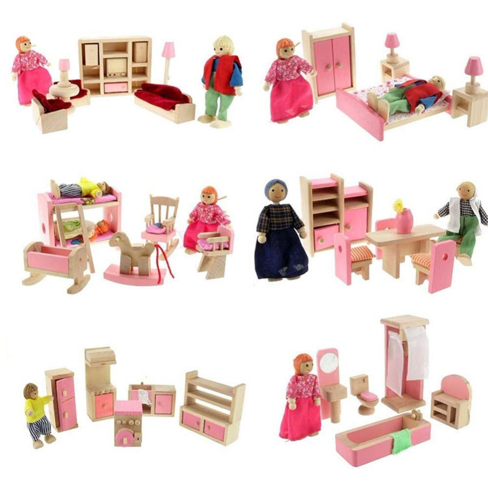 New Wooden House Furniture Miniature Dolls Kitchen Bed Living Room Restaurant Bedroom Bathroom For Kids Christmas Gifts Hot-ebowsos