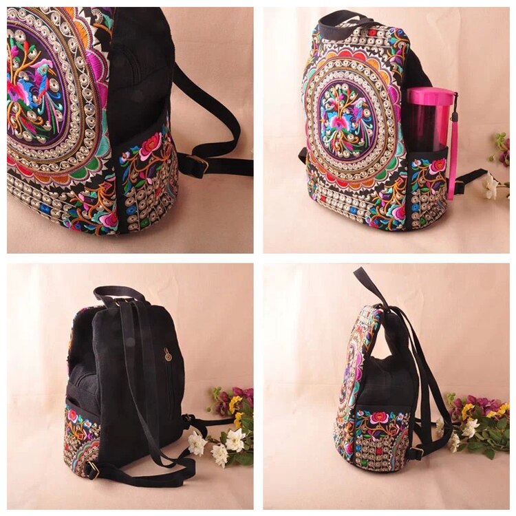New canvas embroidery Ethnic backpack women handmade flower Embroidered Bag Travel Bags schoolbag backpacks mochila - ebowsos