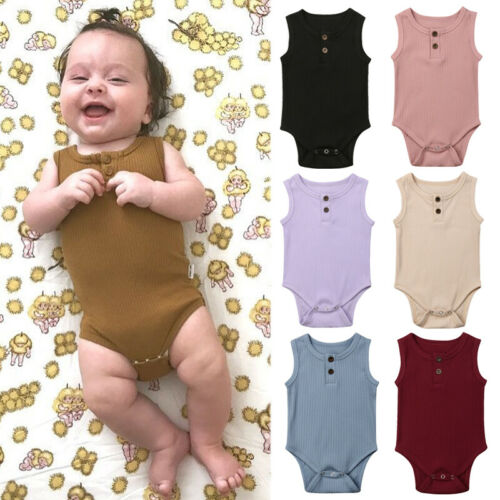 Newborn Baby Boy Girl Cotton Romper Jumpsuit Solid Sleeveless Outfit Casual Clothes - ebowsos