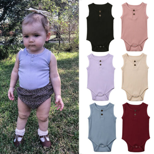 Newborn Baby Boy Girl Cotton Romper Jumpsuit Solid Sleeveless Outfit Casual Clothes - ebowsos