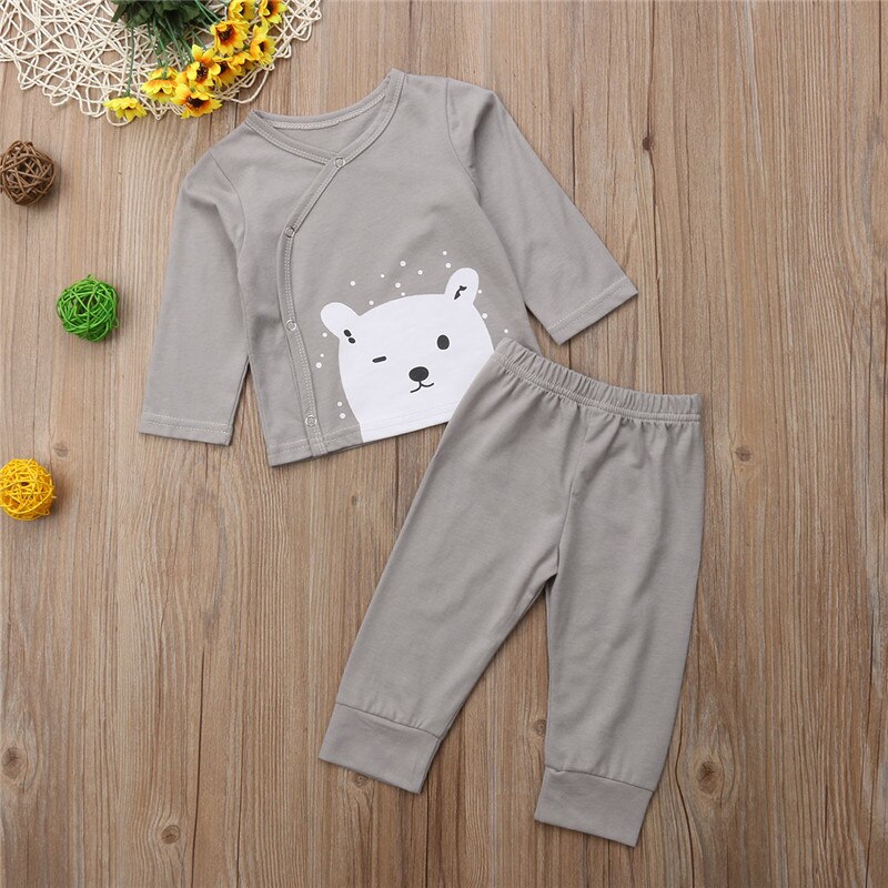 Newborn Baby Boys Girls Cotton Tops Bear Print T-Shirts Pants Leggings Cartoon Outfit Bany Pajamas Clothes - ebowsos