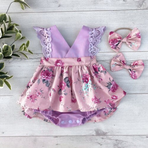 Newborn Baby Girl Sister Matching Outfits Floral Clothes Floral Sleeveless Lace Jumpsuit Romper Dresses - ebowsos