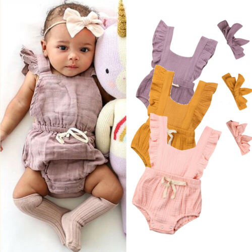 Newborn Baby Girls Clothes Cotton Ruffle Romper Jumpsuit Headband 2PCS Outfits - ebowsos