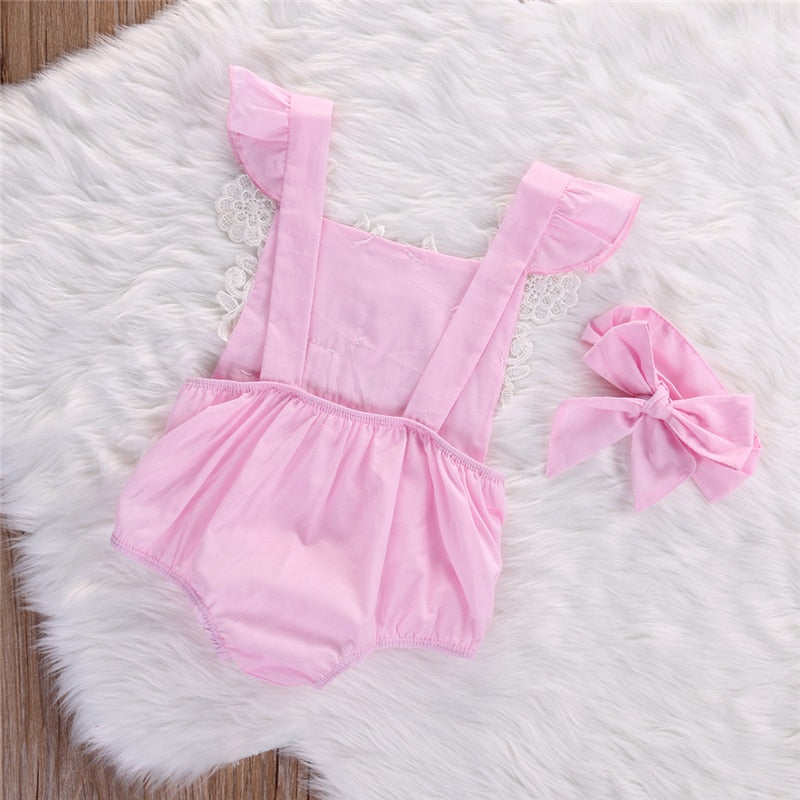 Newborn Baby Girls Lace Floral Clothes Romper Flower Pink Jumpsuit Headband Outfits Baby Clothing Sunsuit 0-18M - ebowsos