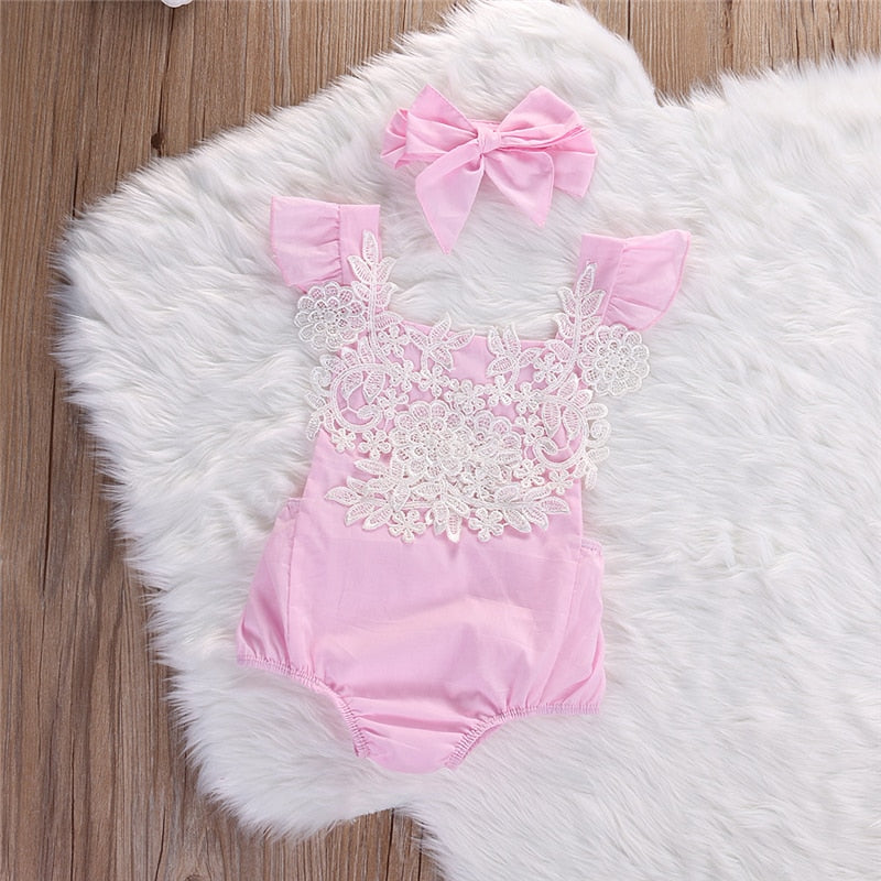 Newborn Baby Girls Lace Floral Clothes Romper Flower Pink Jumpsuit Headband Outfits Baby Clothing Sunsuit 0-18M - ebowsos