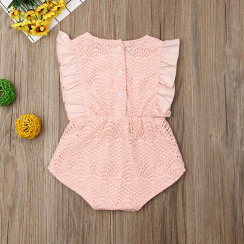 Newborn Baby Girls Romper Outfits Clothes Ruffles Sleeve Pink Solid Jumpsuits Sunsuit - ebowsos