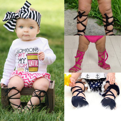 Newborn Infant Baby Girl PU Leather High Bandage Sandals Summer Shoes - ebowsos