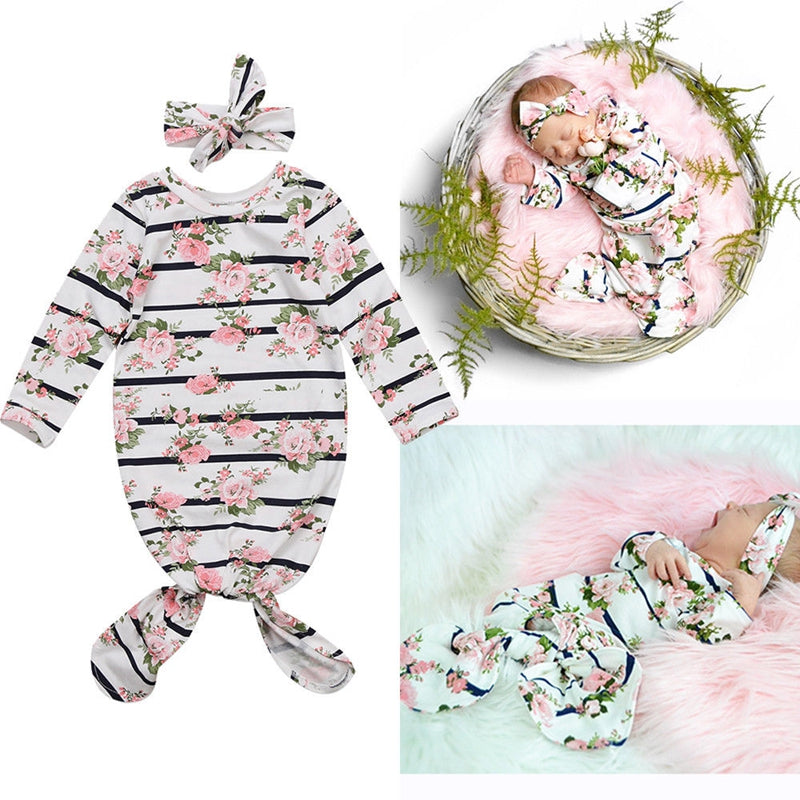 Newborn Striped Baby Girls Outfits Foral Long Sleeve Cotton Sleeping Bag Romper Headband 2Pcs Clothes - ebowsos