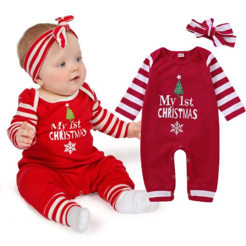 Newborn Toddler Baby Girl Boy Christmas Romper+Headband 2PCS Cartoon Santa Tree Long Sleeve Cotton Red Jumpsuits - ebowsos