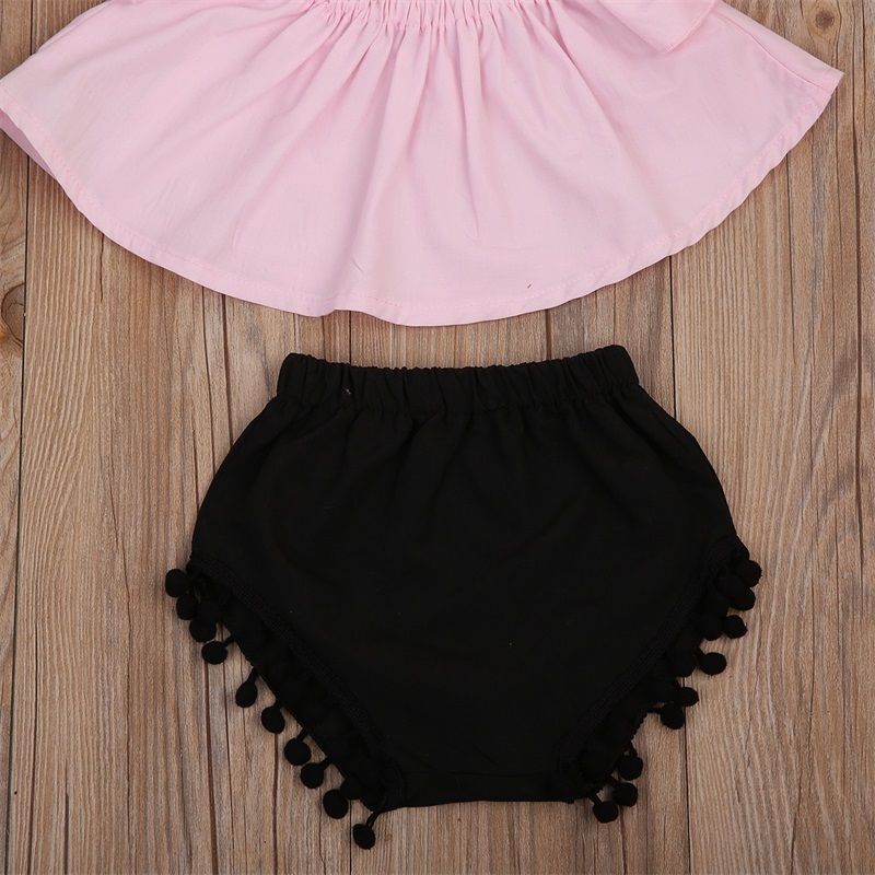 Newest Toddler Baby Girl  Pink Off Shoulder Ruffle Top Black Shorts Pants Bow Headband 3PCS Outfit Clothes Set - ebowsos