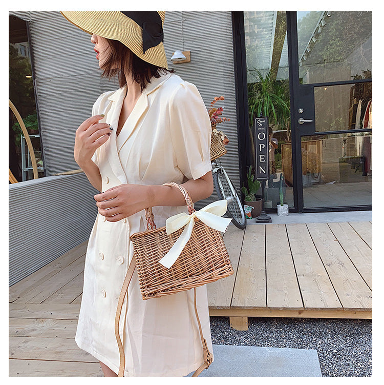 New Summer Fashion Woman Spliced Bow Brown Color Double Handles Light Portable Straw Handbag - ebowsos