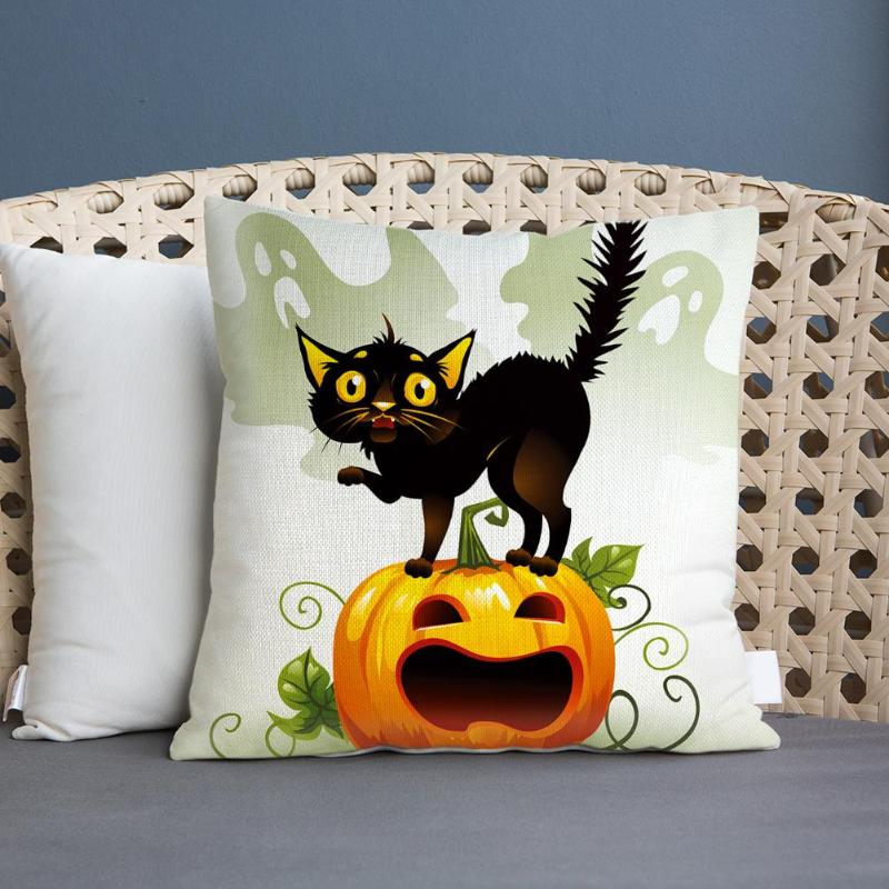 Originality Pumpkin Black Cat Pattern Colourful Halloween Cushion Cover Strong Practicability Easy to Clean Pumpkin Pillowcase - ebowsos