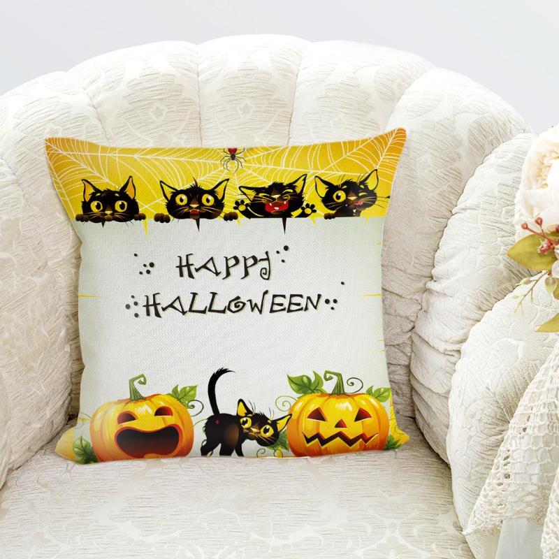 Originality Pumpkin Black Cat Pattern Colourful Halloween Cushion Cover Strong Practicability Easy to Clean Pumpkin Pillowcase - ebowsos