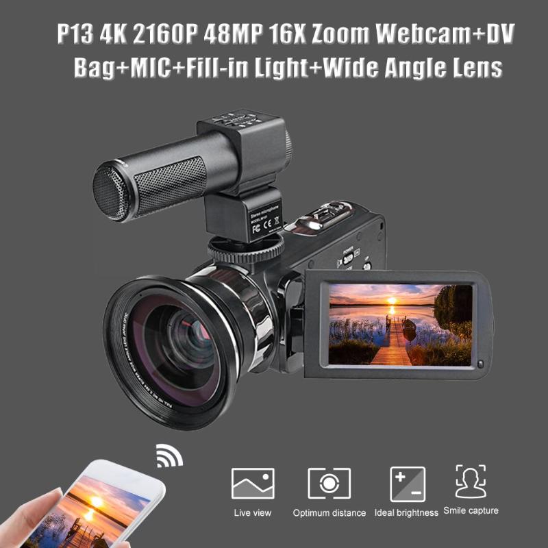 P13 WIFI Digital Camera 3 inch 4K 2160P HD 48MP 16X Zoom Webcam+DV Bag+MIC+Fill-in Light+Wide Angle Lens Set IPS Touch Screen - ebowsos