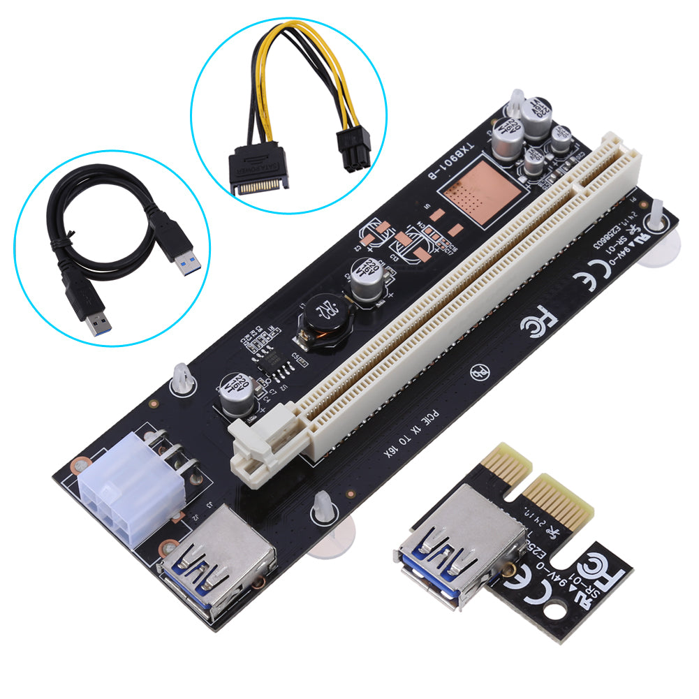 PCI 1x to 16x Powered Express Riser Board USB3.0 PCI-E Extender Adapter Card Cable SATA to 6 Pins Power for BTC Miner - ebowsos