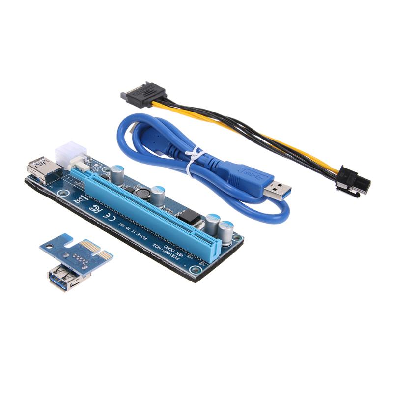 PCI-E Riser Board PCI-E 1X to 16X Riser Card Extender Adapter+USB 3.0 Cable 15Pin SATA to 6Pin IDE Power Cord for Bitcoin Miner - ebowsos