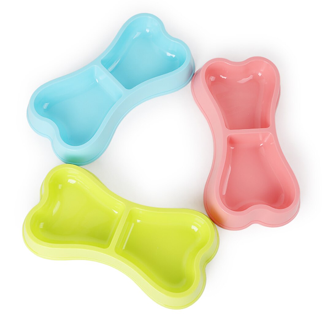 Pet Bowls 2-Section Creative Cute Bone Shape Dog Bowl Pet Feeding Bowls Candy Color Plastic Bone Dog Double Bowl Pet Supplies-ebowsos