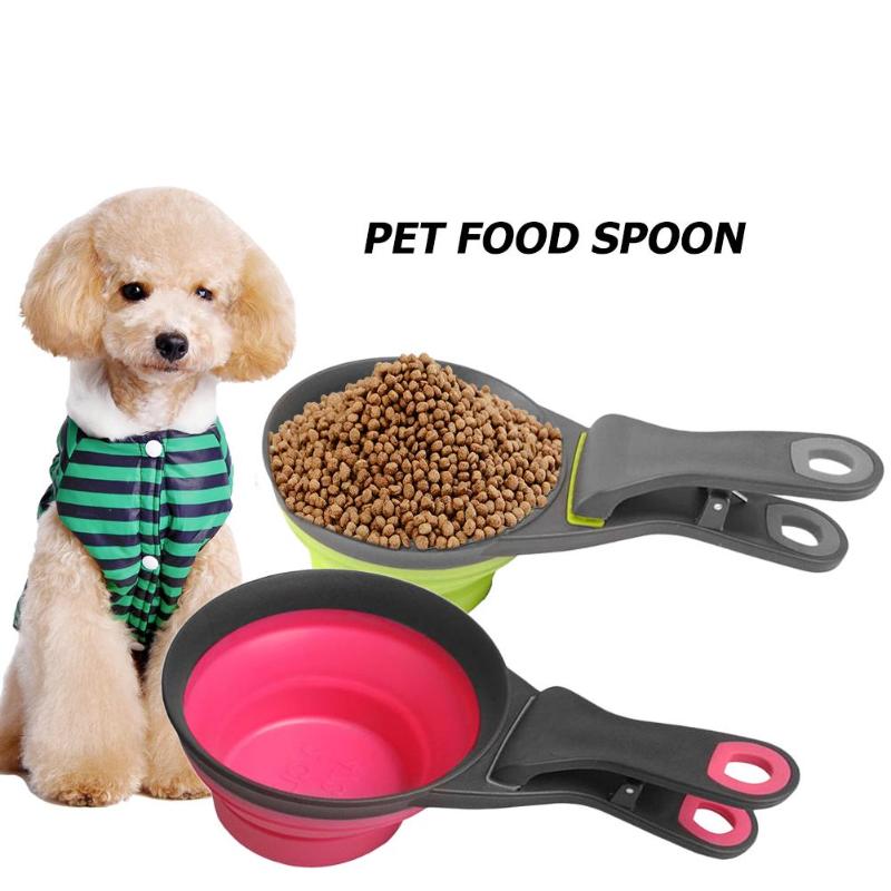 Pet Cat Dog Food Feeder Spoon Folding Sealing Clip Measuring Cup Scoop Bowl - ebowsos