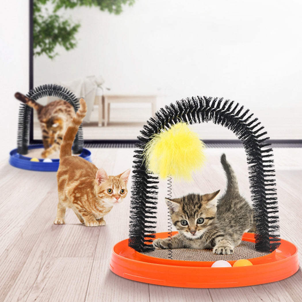 Pet Cat Scratcher Interactive Self-grooming Cat Toy Cat Scratch Board with Catnip Beauty Brush Tool Cat Arch Massager-ebowsos