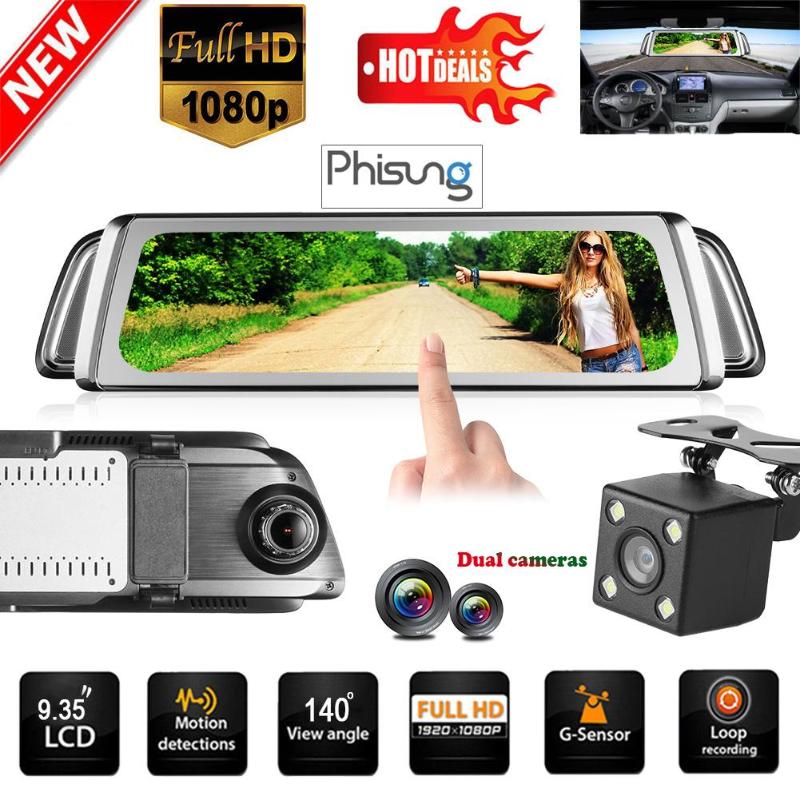 Phisung G900 9.35in Touch Screen Dual Len HD 1296P Car Rearview Mirror DVR Camera Video Recorder Starlight Night Vision Dash Cam - ebowsos