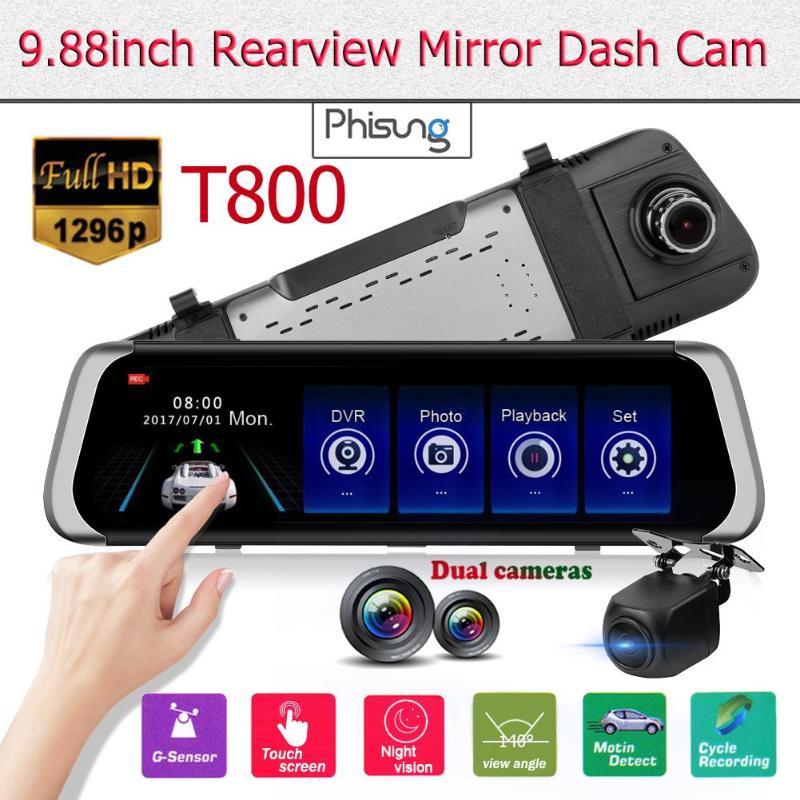 Phisung T800 1296P+720P Dual Lens Night Vision Car DVR Camera 9.88 Inch 2.5D IPS Rearview Mirror Dash Cam Wide Dynamic Range DVR - ebowsos