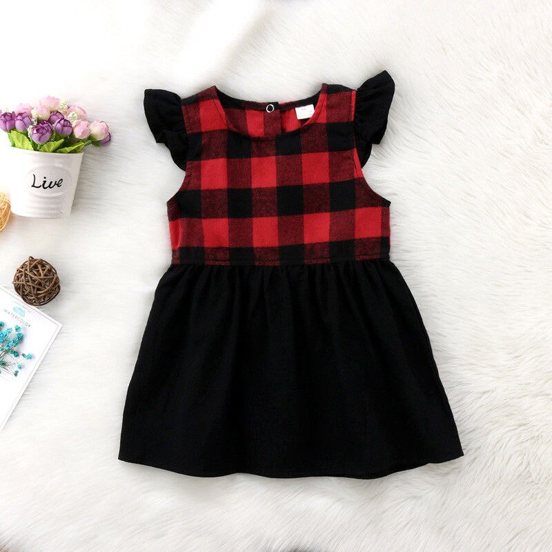 Plaid Dress Baby Girls Checked Dress Toddler Kids Party Pageant Short Sleeve Cotton Dresses Sleeveless Sundress - ebowsos