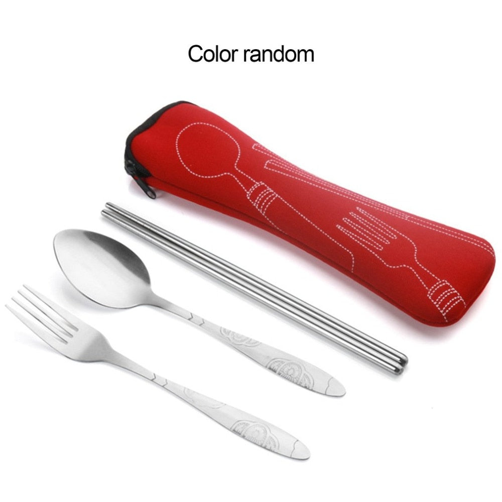 Portable 3Pcs Stainless Steel Cutlery Set Flower Painting Chopsticks Spoon Fork Dinner Tableware Set Tableware Case Kit - ebowsos