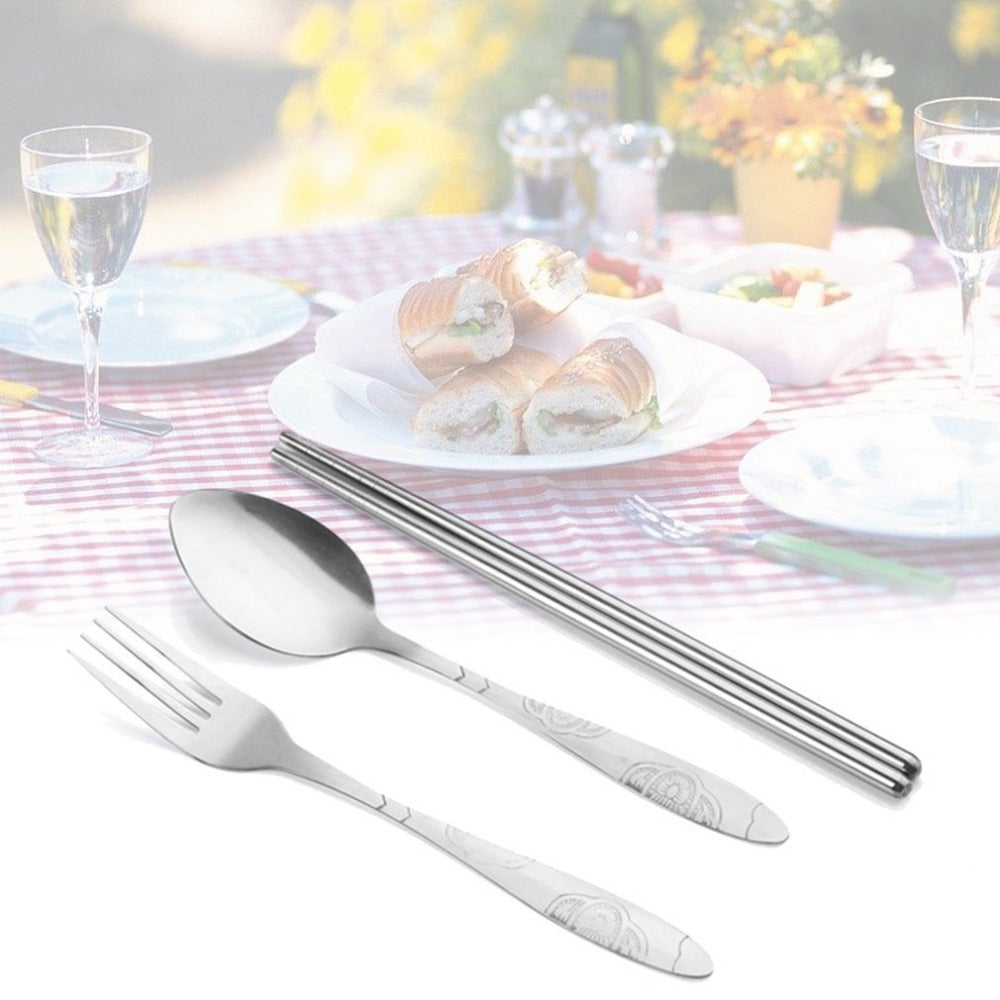 Portable 3Pcs Stainless Steel Cutlery Set Flower Painting Chopsticks Spoon Fork Dinner Tableware Set Tableware Case Kit - ebowsos