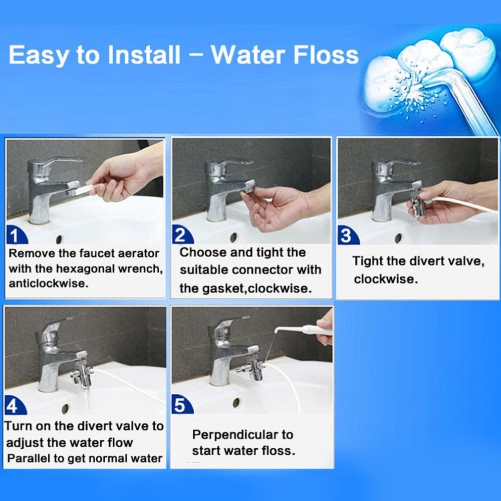 Portable Oral Irrigator Hygiene Flosser Dental Water Jet Connecting Faucet Teeth Flossing Device for Home Teeth Care Kit - ebowsos