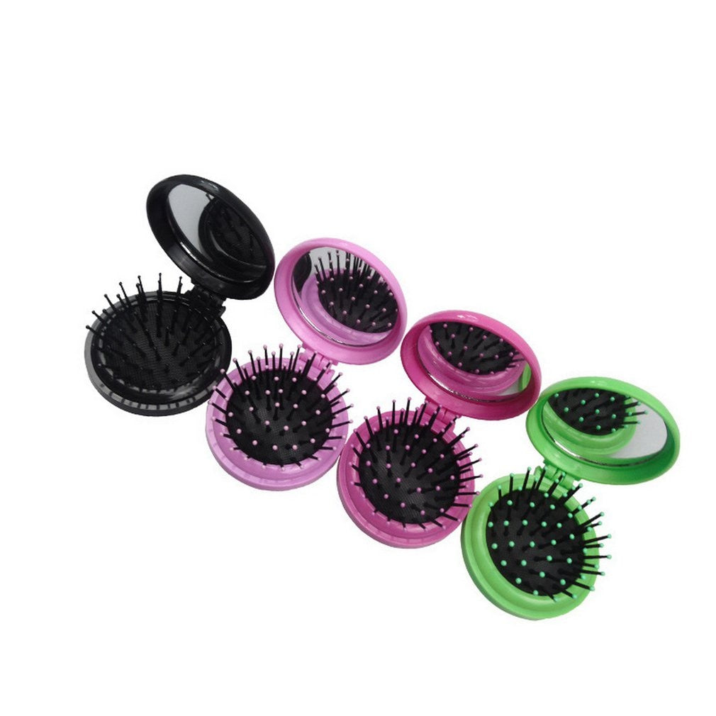 Portable Round Pocket Small Size Travel Massage Folding Comb Girl Hair Brush With Mirror Styling Tools Aid Wig pet scalp comb - ebowsos