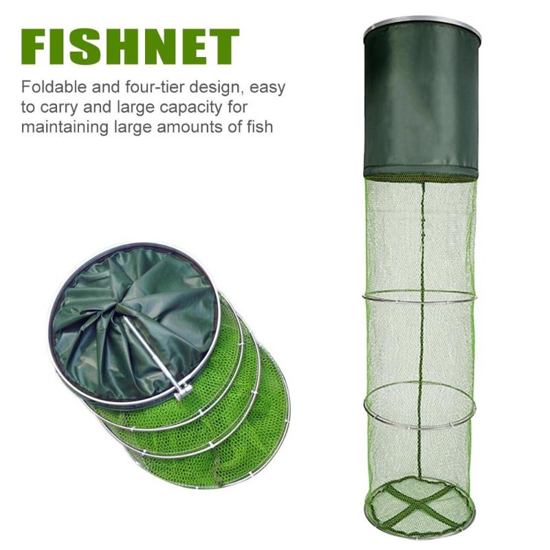 Portable Stainless Steel Double Rings 4 Layers Collapsible Fish Care Net Folding Shrimp Minnow Fishing Bait Trap Dip Net Cage-ebowsos
