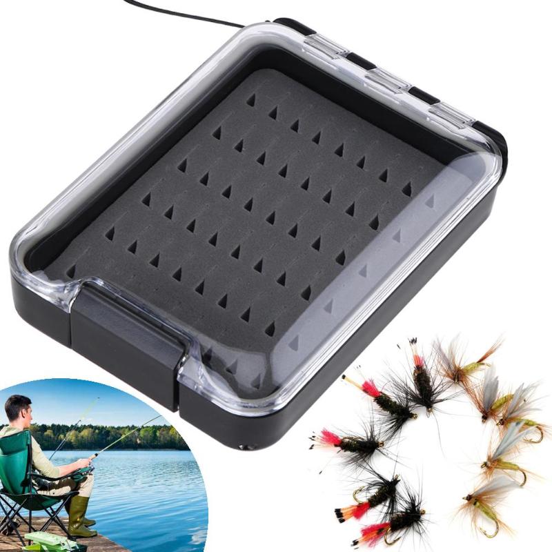 Portable Waterproof Foam Fly Fishing Box Fishing Tackle Clear Lid Bait Storage Case with Lanyard-ebowsos