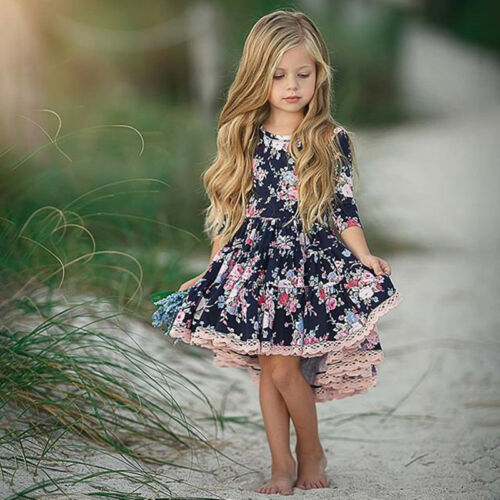 Pretty Princess Kids Baby Girl Lace Floral Party Dress Long Sleeve O-Neck Irregular Wedding Pleated Dresses Sets 1-6Y - ebowsos