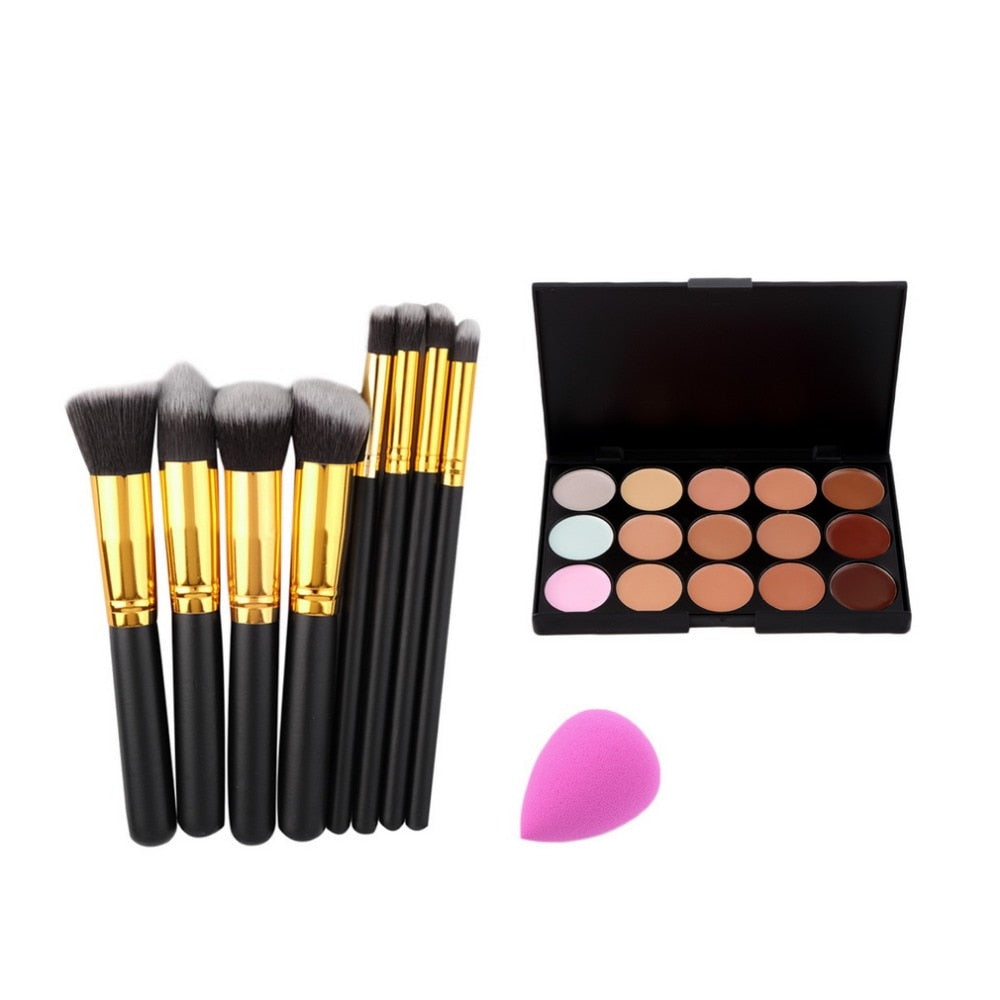 Pro Makeup Set 15 Colors Concealer Contour Palette + 10pcs/8pcs Eye Makeup Brushes Tools + Sponge Puff Cosmetics Make Up Kit - ebowsos