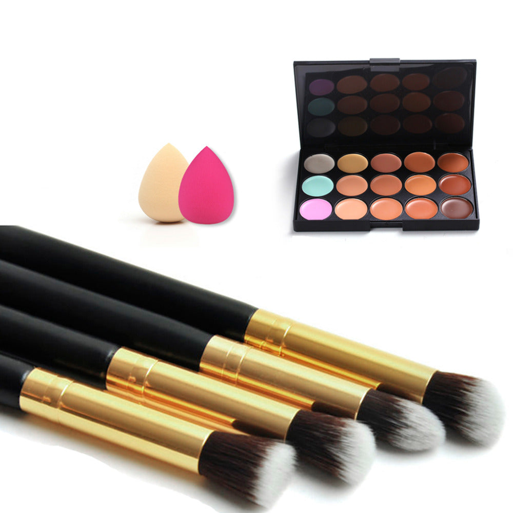 Pro Makeup Sets 15 Color Concealer Palette +4pcs makeup Brushes+2pcs Sponge Puff Face Cosmetics Makeup Tool Kit - ebowsos