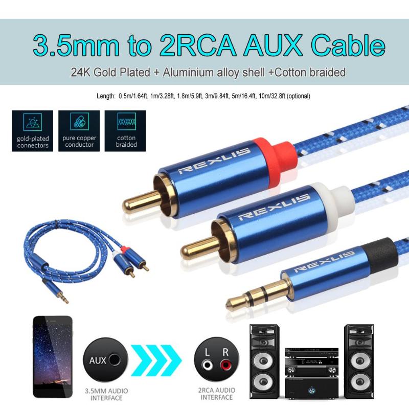 REXUS 3.5mm Jack Male to 2 RCA Male Earphone Aux Audio Splitter Cable Wire for Amplifier Phone Edifer Home Theater Headphone New - ebowsos