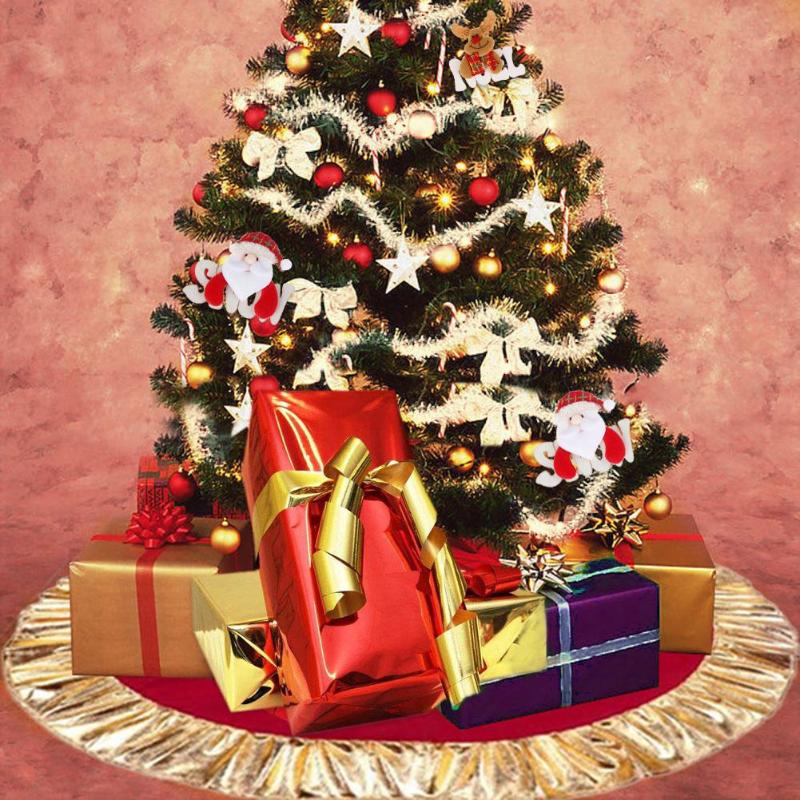 Red Christmas Tree Skirt Ruffle Edge Tree Apron Golden Cloth Ornament Decor - ebowsos