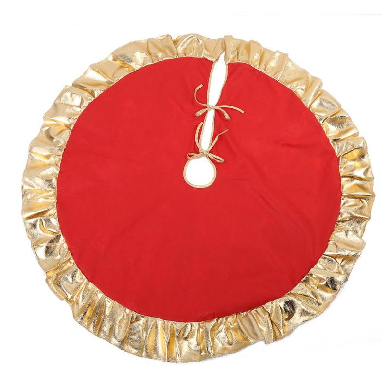 Red Christmas Tree Skirt Ruffle Edge Tree Apron Golden Cloth Ornament Decor - ebowsos