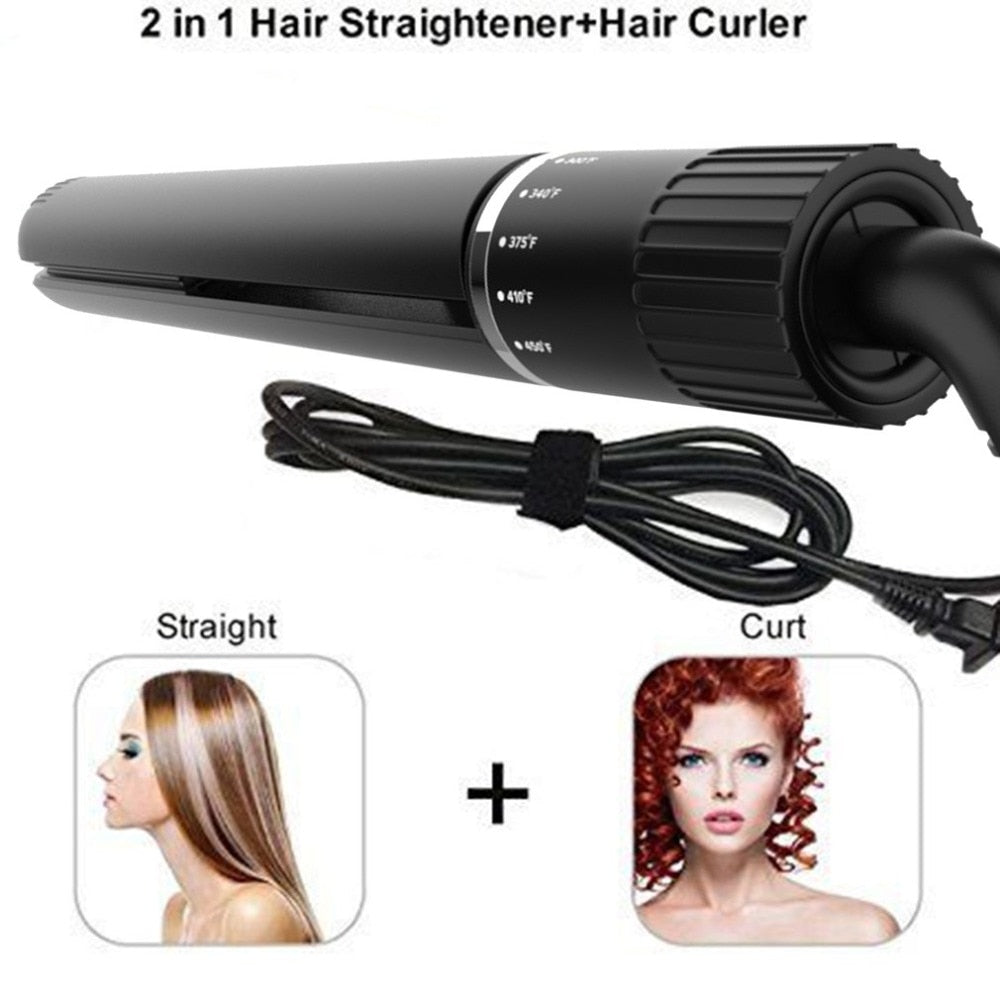 Round Hair Flat Iron 2 in 1 Hair Straightener Curler with Rotating Adjustable Temperature hair comb curler roller DIY hairstyle - ebowsos