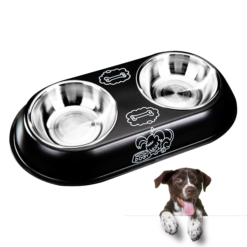Safety Cartoon Stainless Steel Pet Teddy Cat Double Bowl Antiskid Stainless Steel Pet Feeder Bowl Pet Food Bowl For Dogs Cats-ebowsos