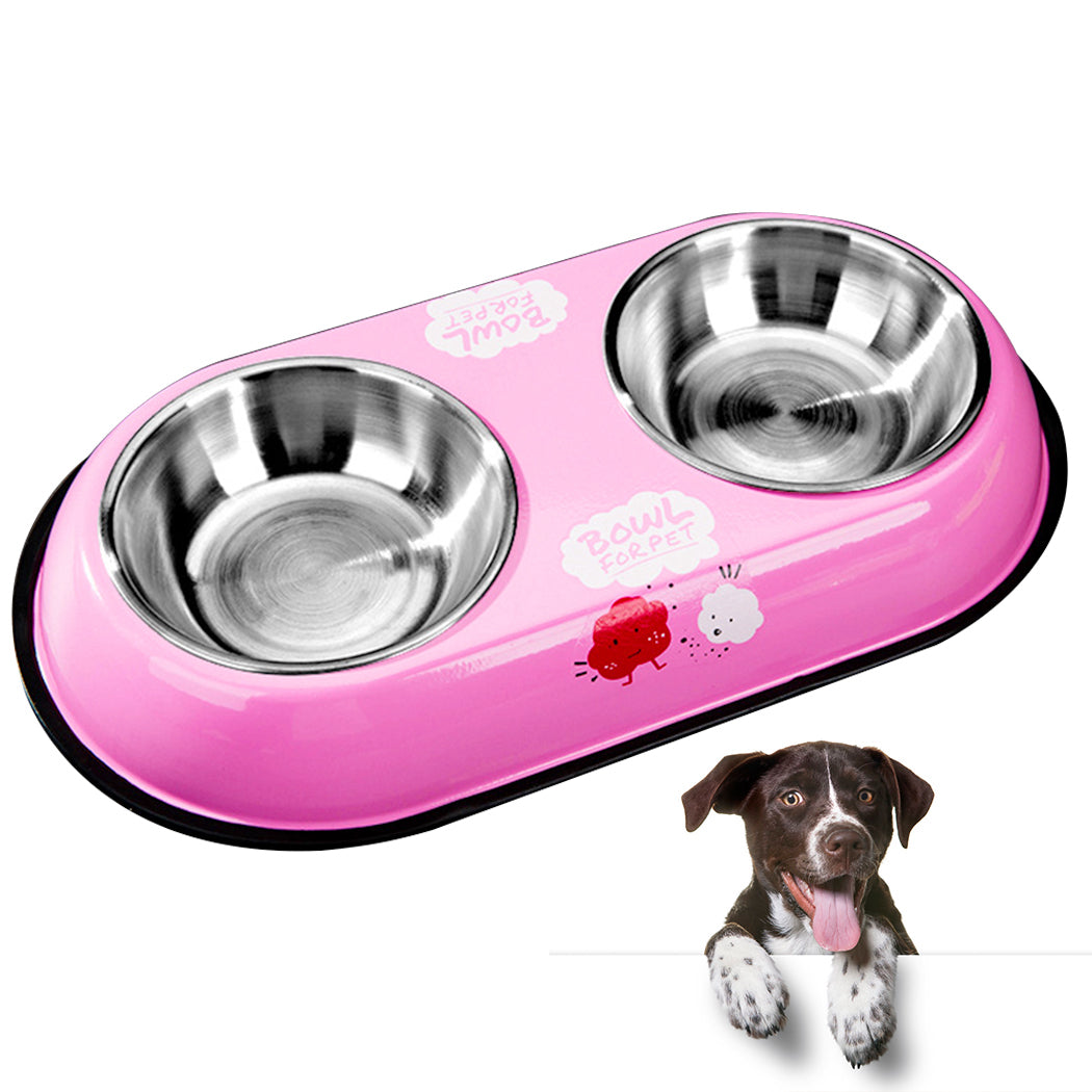 Safety Cartoon Stainless Steel Pet Teddy Cat Double Bowl Antiskid Stainless Steel Pet Feeder Bowl Pet Food Bowl For Dogs Cats-ebowsos