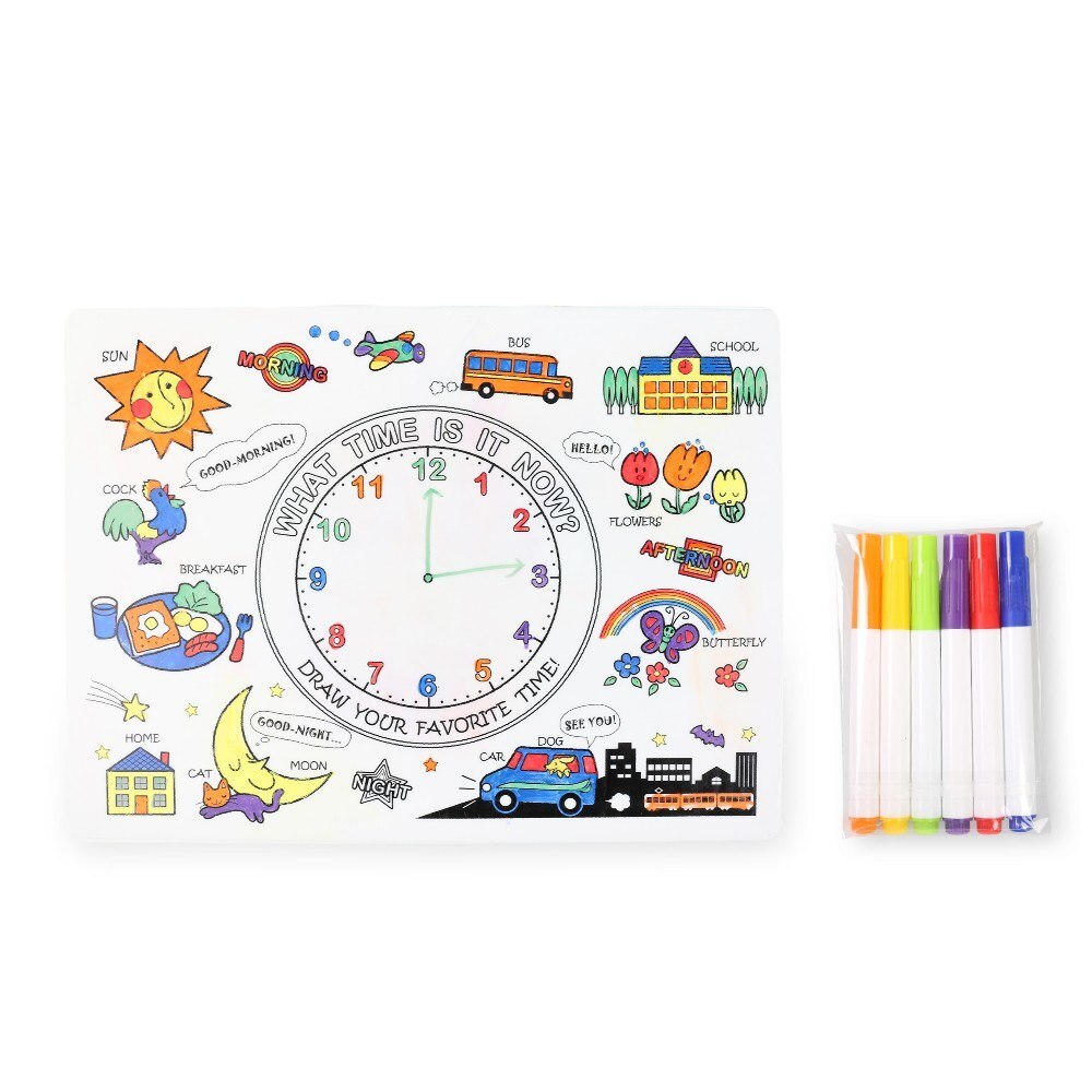 Silicone Drawing Toys Water Drawing Mat Coloring Placemats Time Learning Toys &6 Pens Mat For Kids Toddler Gift Toy 23.5x21cm-ebowsos