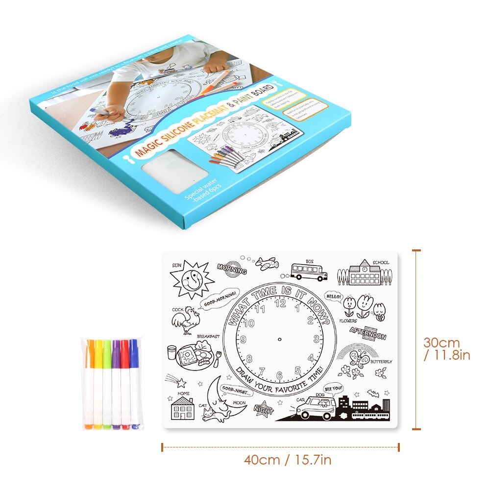 Silicone Drawing Toys Water Drawing Mat Coloring Placemats Time Learning Toys &6 Pens Mat For Kids Toddler Gift Toy 23.5x21cm-ebowsos