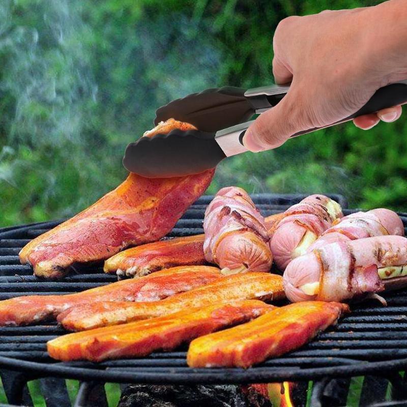 Silicone Stainless Steel BBQ Tongs Meat Clip Bread Cook Barbecue Food Clamp - ebowsos