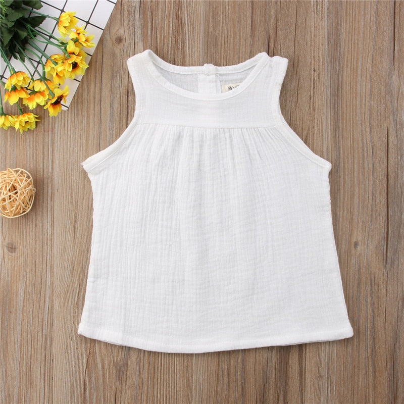 Sleeveless Summer Girls Blouses Vest Tops Linen Casual Baby Girls Solid Shirts for Children Kids Clothing Shirts Dress - ebowsos