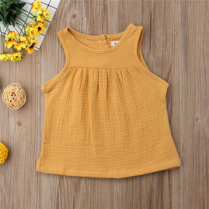 Sleeveless Summer Girls Blouses Vest Tops Linen Casual Baby Girls Solid Shirts for Children Kids Clothing Shirts Dress - ebowsos